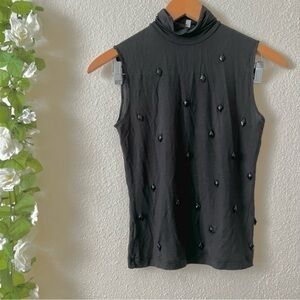 Gianfranco Ferre Mock Neck Black Sleeveless Beaded Top